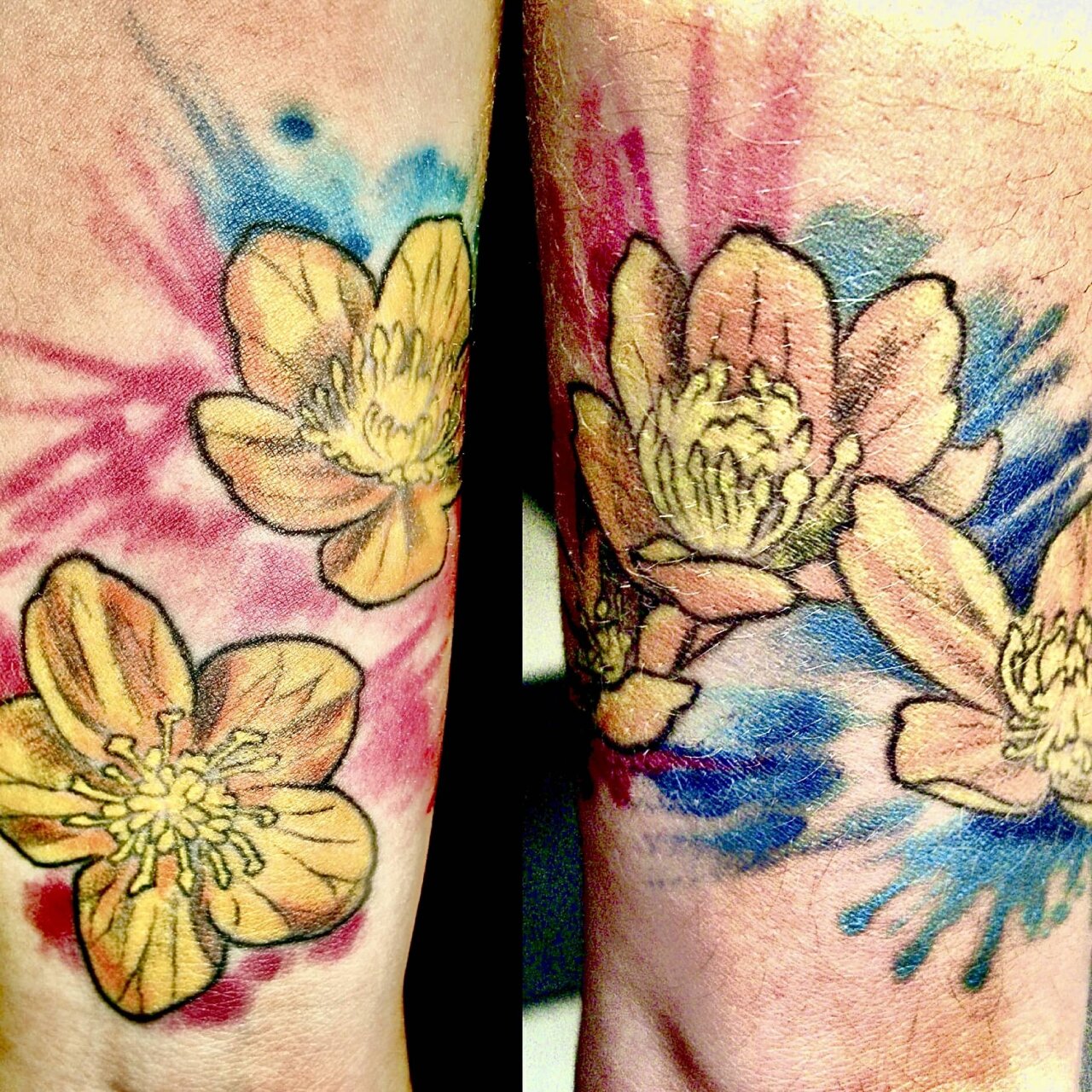 tattoo foto, Bild einer Tätowierung, tattoo picture, von spiralcloudtattoo studio freiburg, Blüten, Flowers, Aquarell, expressionistisch.