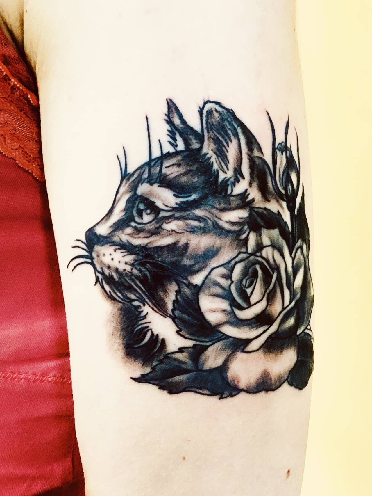 tattoo foto, Bild einer Tätowierung, tattoo picture, von spiralcloudtattoo studio freiburg, Katzenkopf, cat, cattattoo, animal, Rose, rosetattoo.