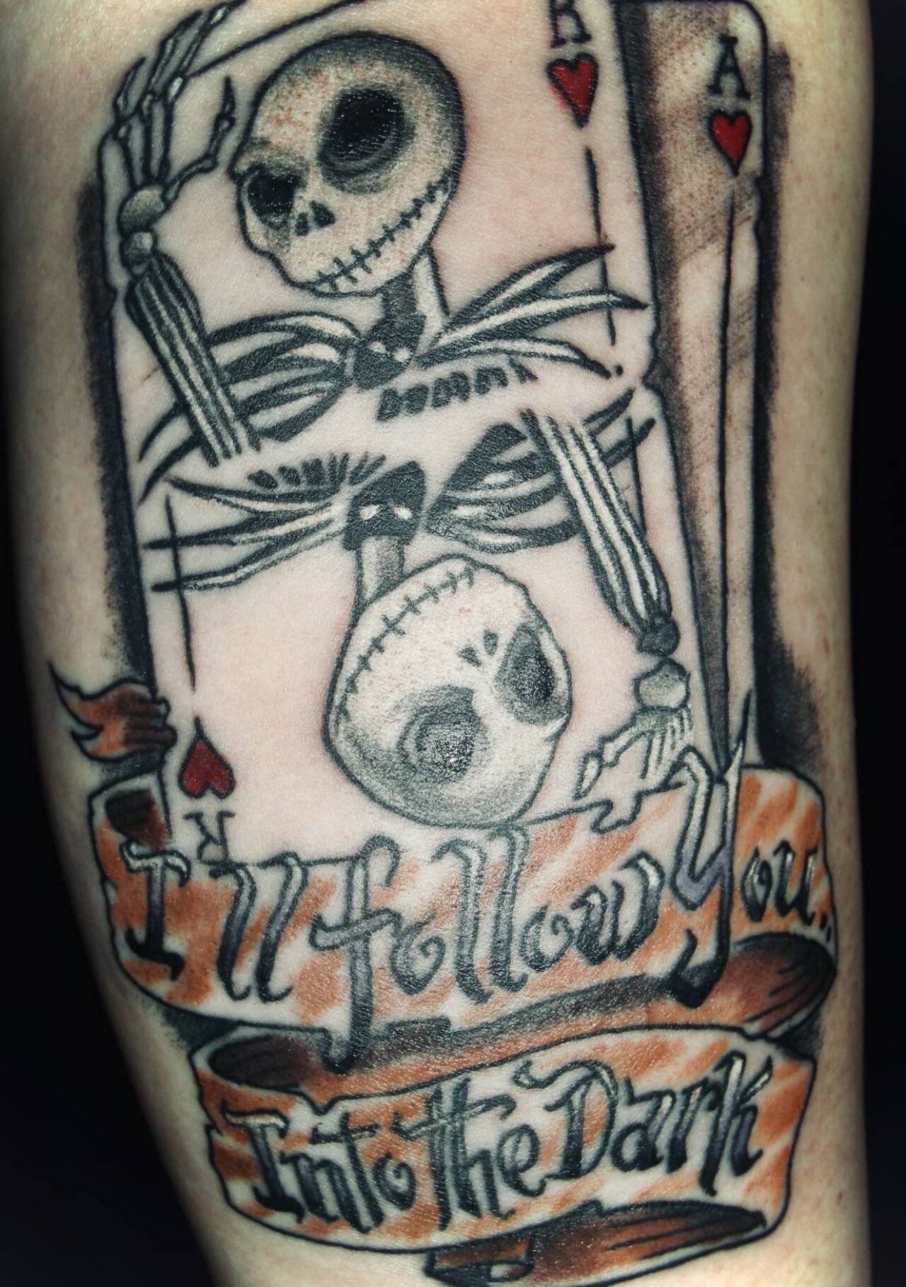 tattoo foto, Bild einer Tätowierung, tattoo picture, von spiralcloudtattoo studio freiburg, ink, art, color, playing, cards, nightmare before christmas, jack, skellington.